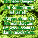 „Ich habe Hunger.“ „Im Kühlschrank ist Salat.“ „Super, dann bin ich mal draußen um was Essbares damit anzulocken.