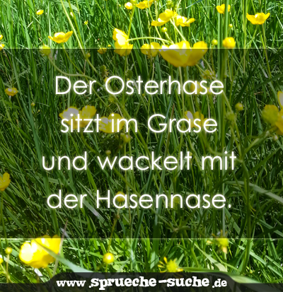 Der Osterhase sitzt im Grase und wackelt mit der Hasennase.