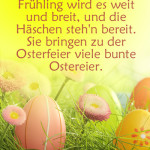 Frühling wird es weit und breit, und die Häschen steh'n bereit. Sie bringen zu der Osterfeier viele bunte Ostereier.