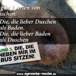 Es gibt 3 Arten von Menschen: 1. Die, die lieber Duschen als Baden. 2. Die, die lieber Baden als Duschen und 3. Die, die neben mir im Bus sitzen.