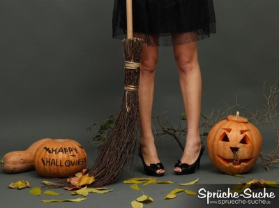 Happy Halloween Sprüche mit Hexe und Besen