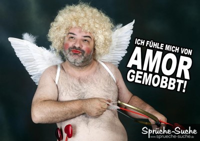 Lustiger Singlespruch mit männlichen Amor mit Liebespfeil und Bogen