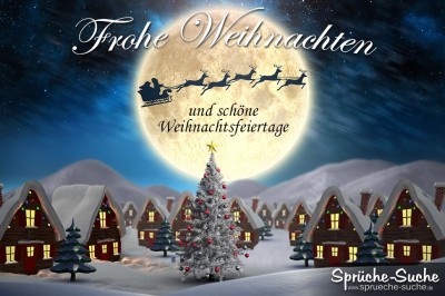 Weihnachtsgrußkarte mit Winterdorf, Weihnachtsbaum und Rentierschlitten vor Mond