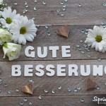 Gute Besserung Sprüche mit Blumenblüten und Holzherzen auf Holzbrett