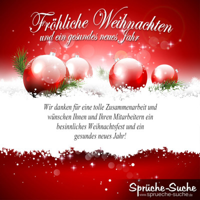 Weihnachtskarten Sprüche Geschäftlich rot weiß mit Weihnachtskugeln