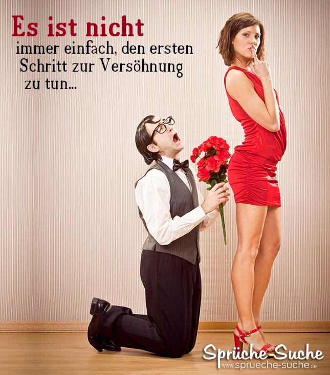 Versöhnung Spruch: Mann bettelt Frau im Roten Kleid um Versöhnung