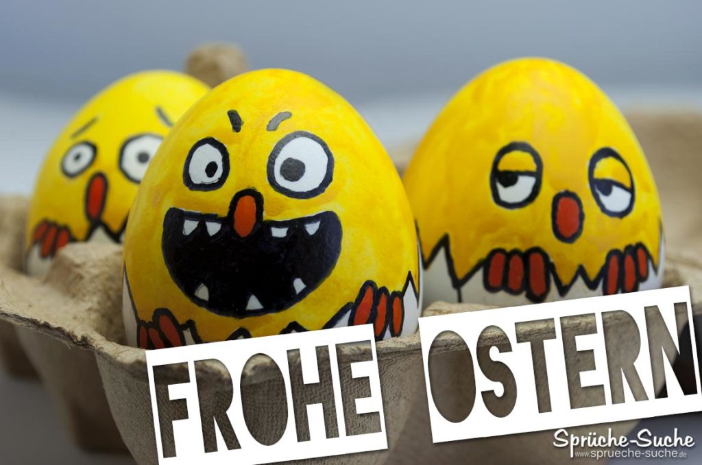 "Frohe Ostern" mit lustigen gelben Eiern Sprüche zu OSTERN