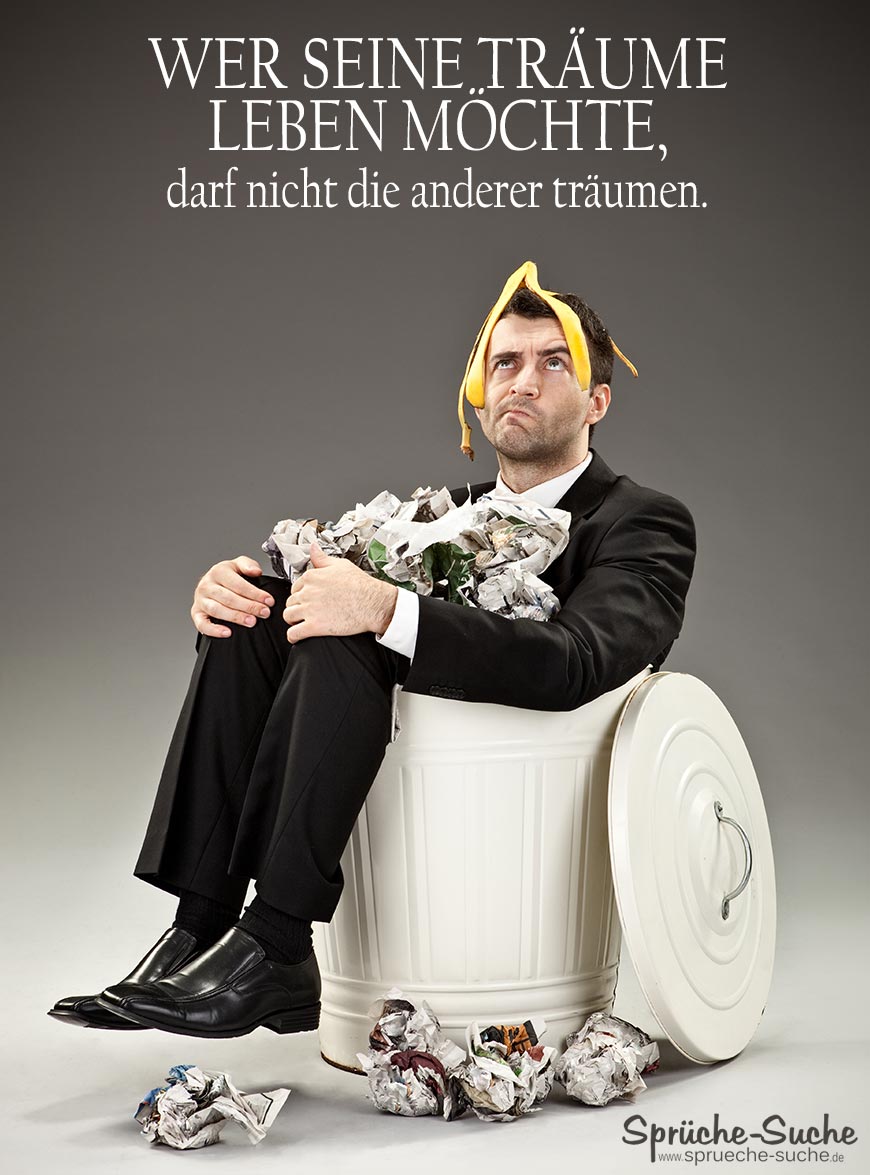Sprüche zur Motivation Mann im Mülleimer mit Banane auf dem Kopf SprücheSuche