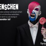 Böser geschminkter Mann mit roten verrücken Haaren und rundem Lolli in der Hand: Schlechter Charakter Sprüche