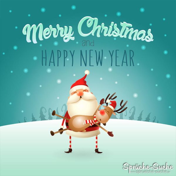 Merry Christmas and Happy new Year Karte mit Weihnachtsmann und Rentier